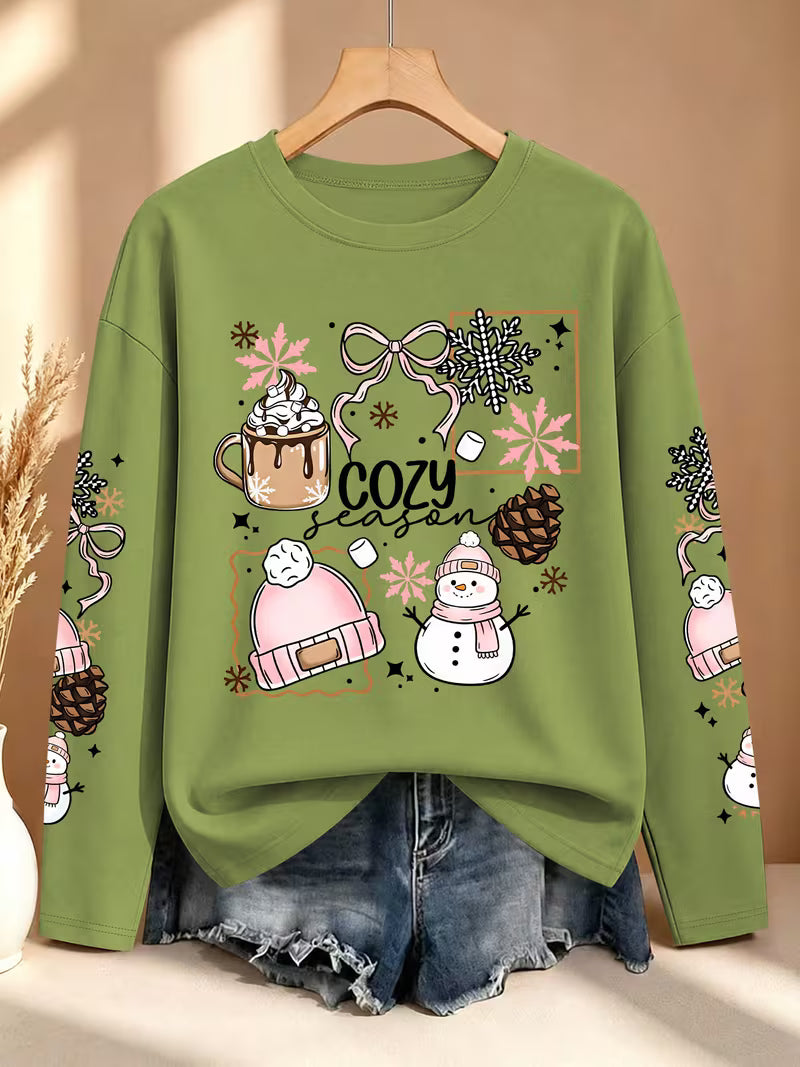 Plus Size Women'S Hot Cocoa Snowflake Snowman Pinecone Multi-Sleeve Printed Long Sleeve Top