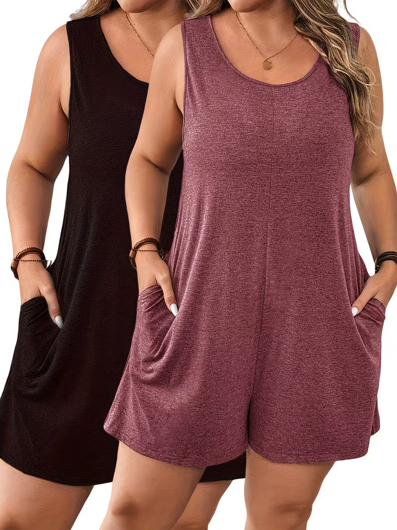 2-Pack Plus Size Women'S Solid Color Easy Sleeveless Jumpsuit