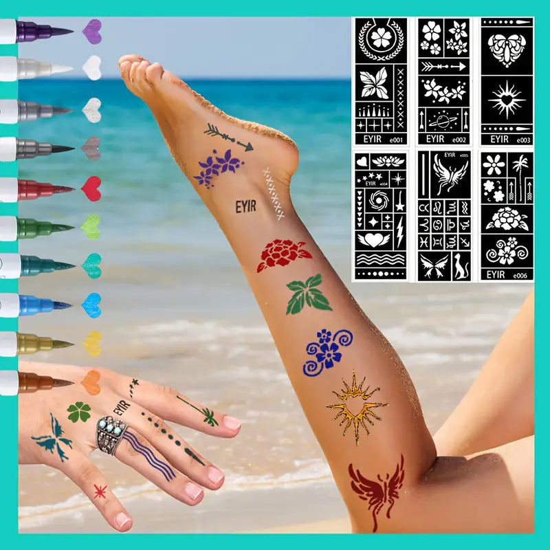 10 Temporary Metallic Dual-Ended Tattoo Pens + Multiple Template Set