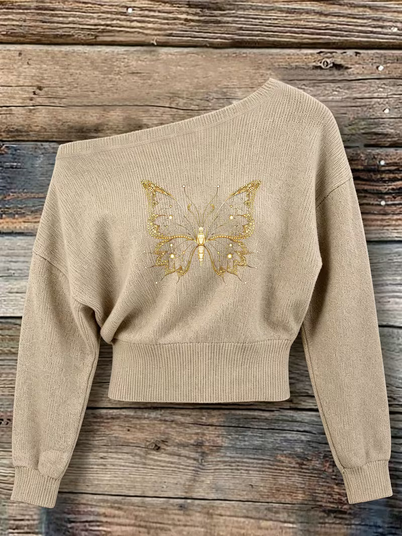 Autumn Winter Casual Elegant Womens Off-Shoulder Sweater with Butterfly Print