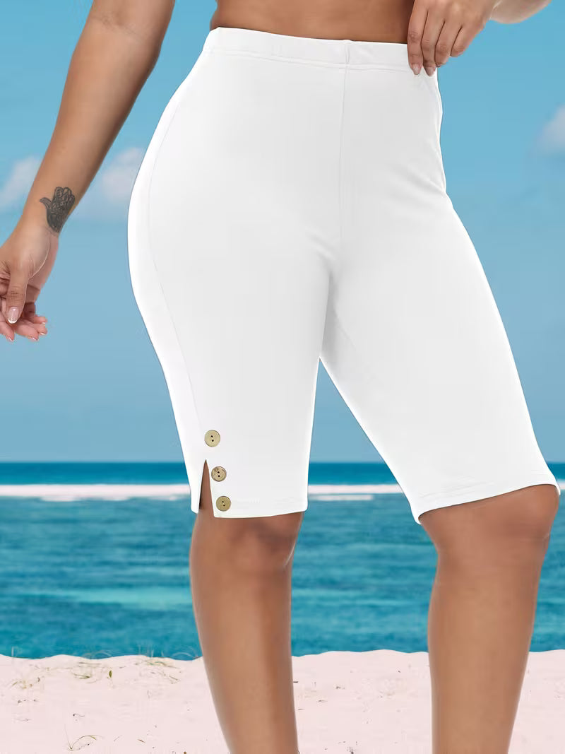 Plus-Size Women'S Shorts with Coconut Wood Grain Button Decoration