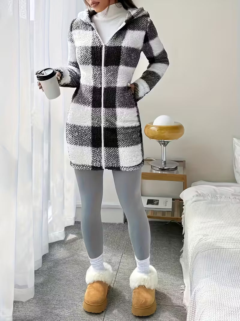 Plaid Patterned Reversible Plush Hooded Zip-Up Cardigan