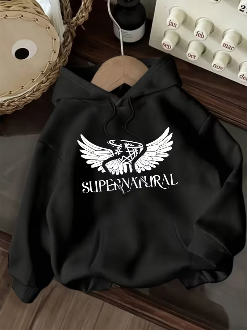 Women'S Casual Hoodie with Angel Wings & "SUPERNATURAL" Print
