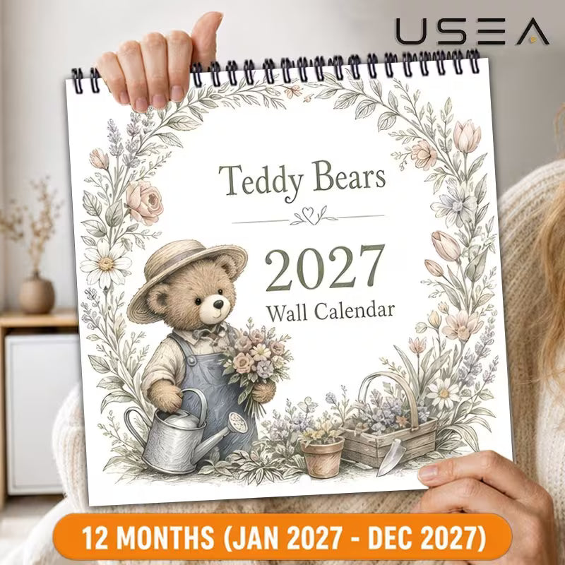 Square Spiral Teddy Wall Bear 2027 Wall Calendar