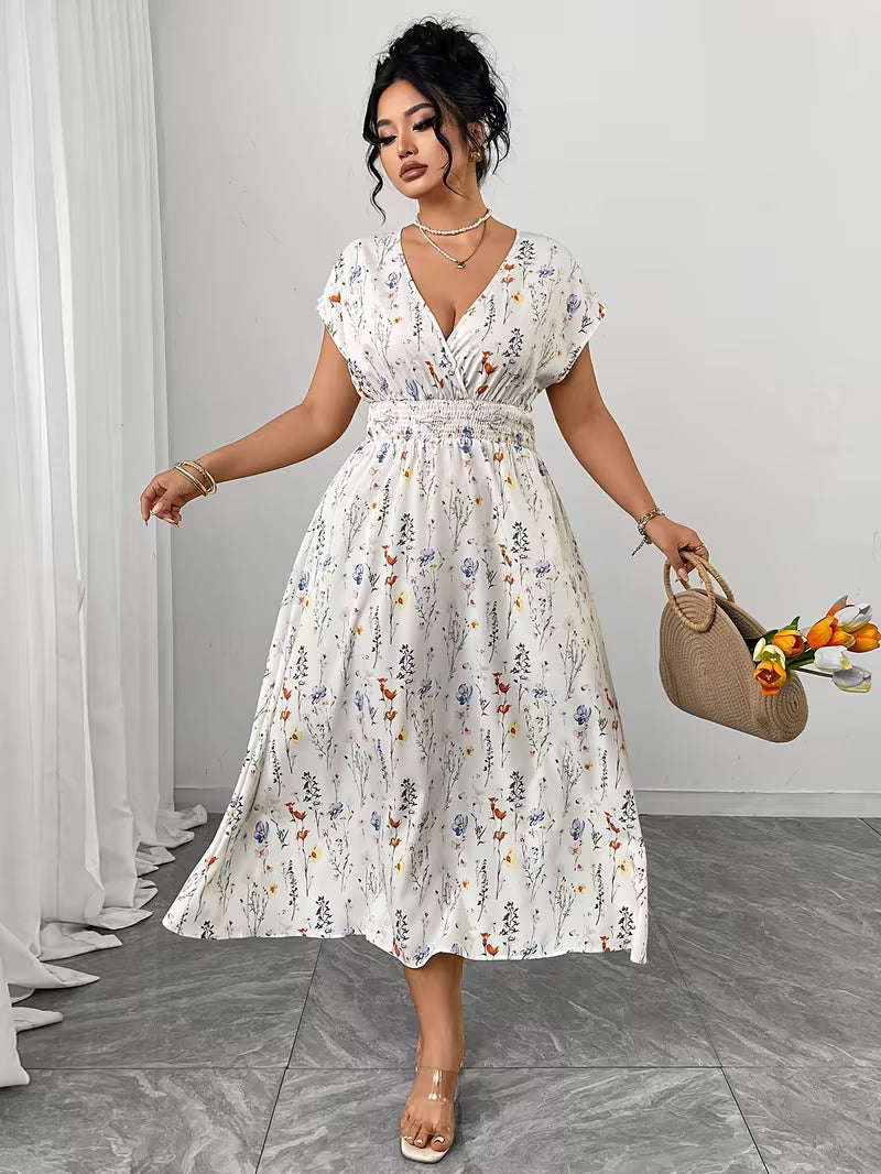 Plus Size V-Neck Floral Print Puff Sleeve A-Line Elegant Dress