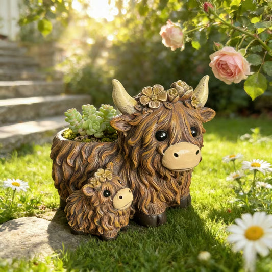 Cute Highland Cow Mother And Baby Resin Planter