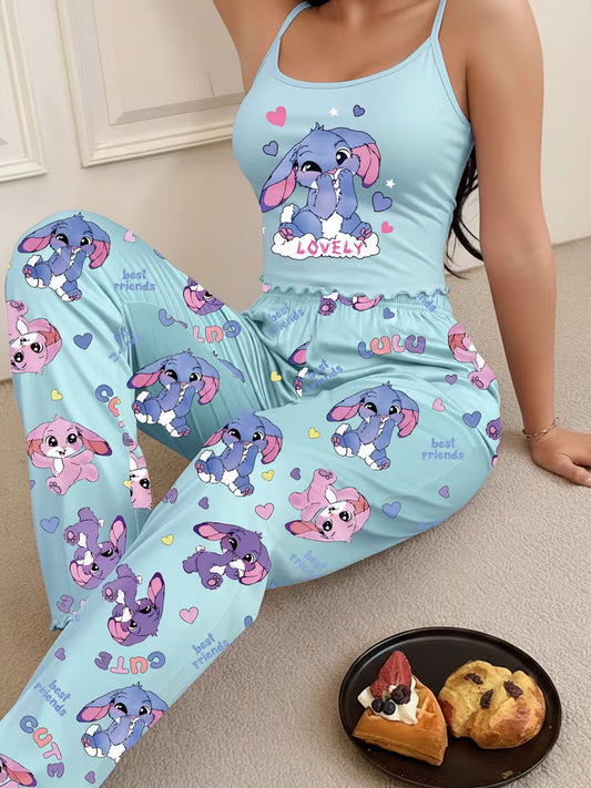 Women'S Cute Rabbit Heart Letter 'LOVELY' Printed Camisole And Long Pants Pajama Set