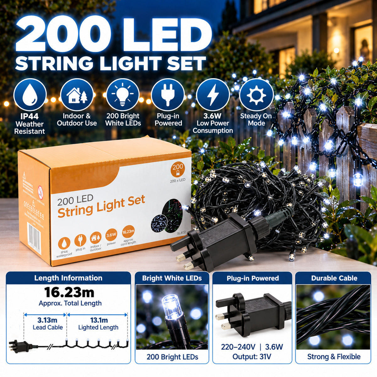 200 LED White String Lights