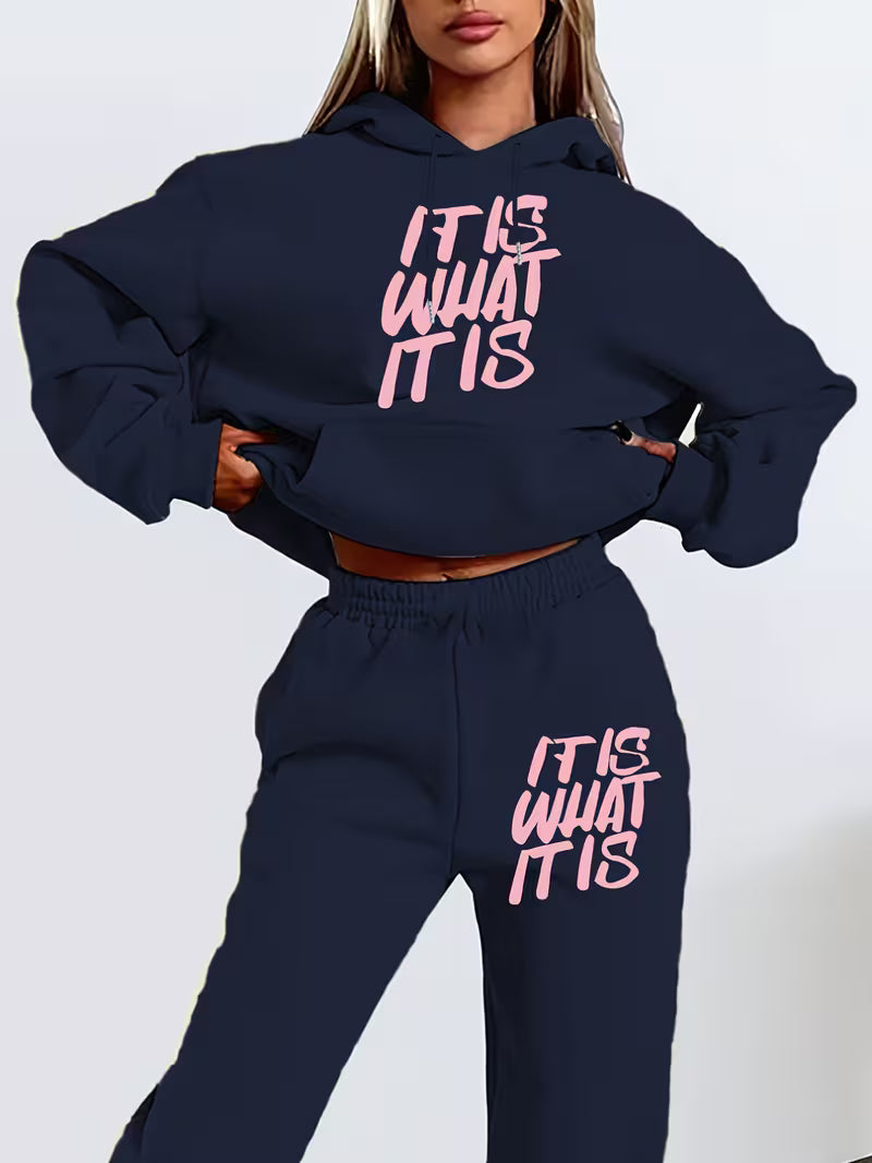 Womens "Is What It Is" Letter Print Hoodie & Sweatshirt Set