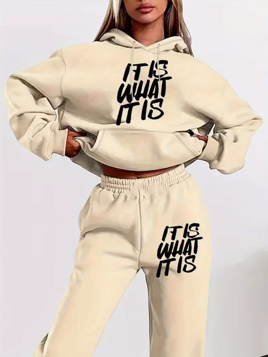Womens "Is What It Is" Letter Print Hoodie & Sweatshirt Set