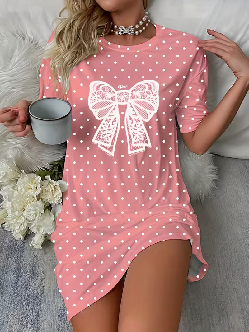 Women's Short Sleeve Round Neck T-Shirt Bow Nightgown