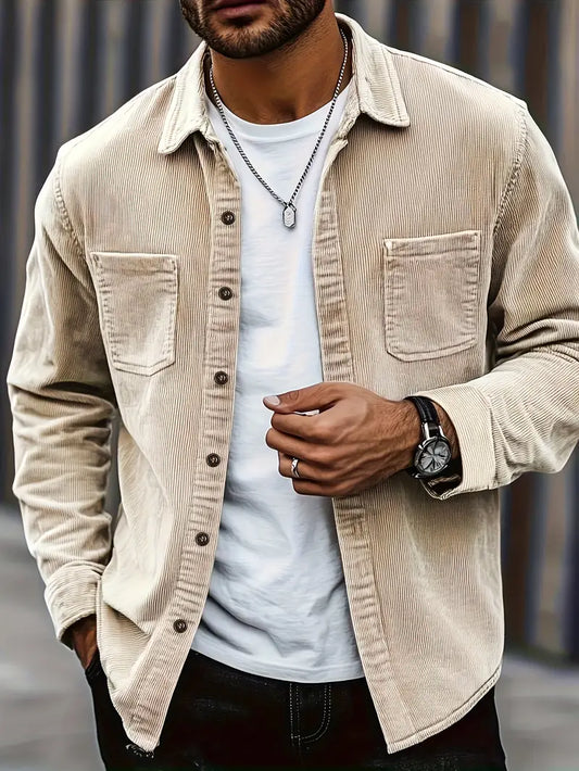 Men's Casual Corduroy Button-Up Shirt with Double Patch Pockets