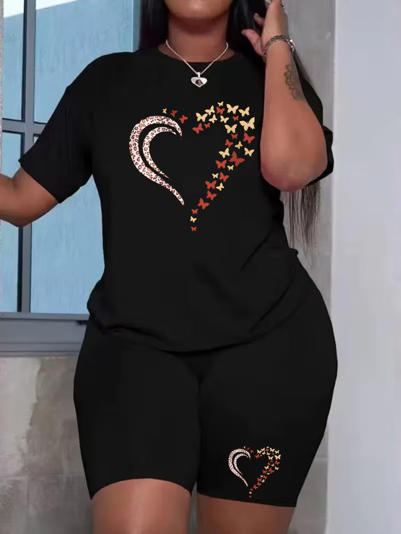 Plus Size ladies summer butterfly fragments love print T-shirt two-piece set