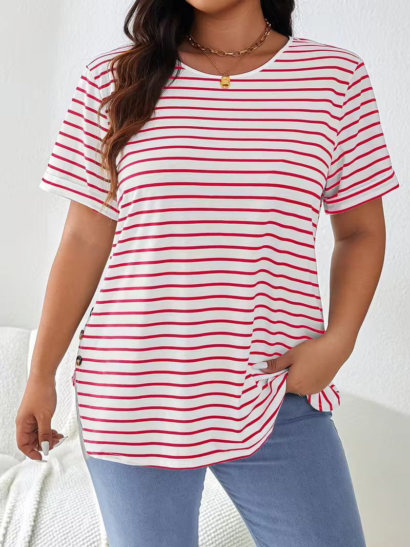 Plus Size Women's Two-Tone Striped Casual Short Sleeve Top