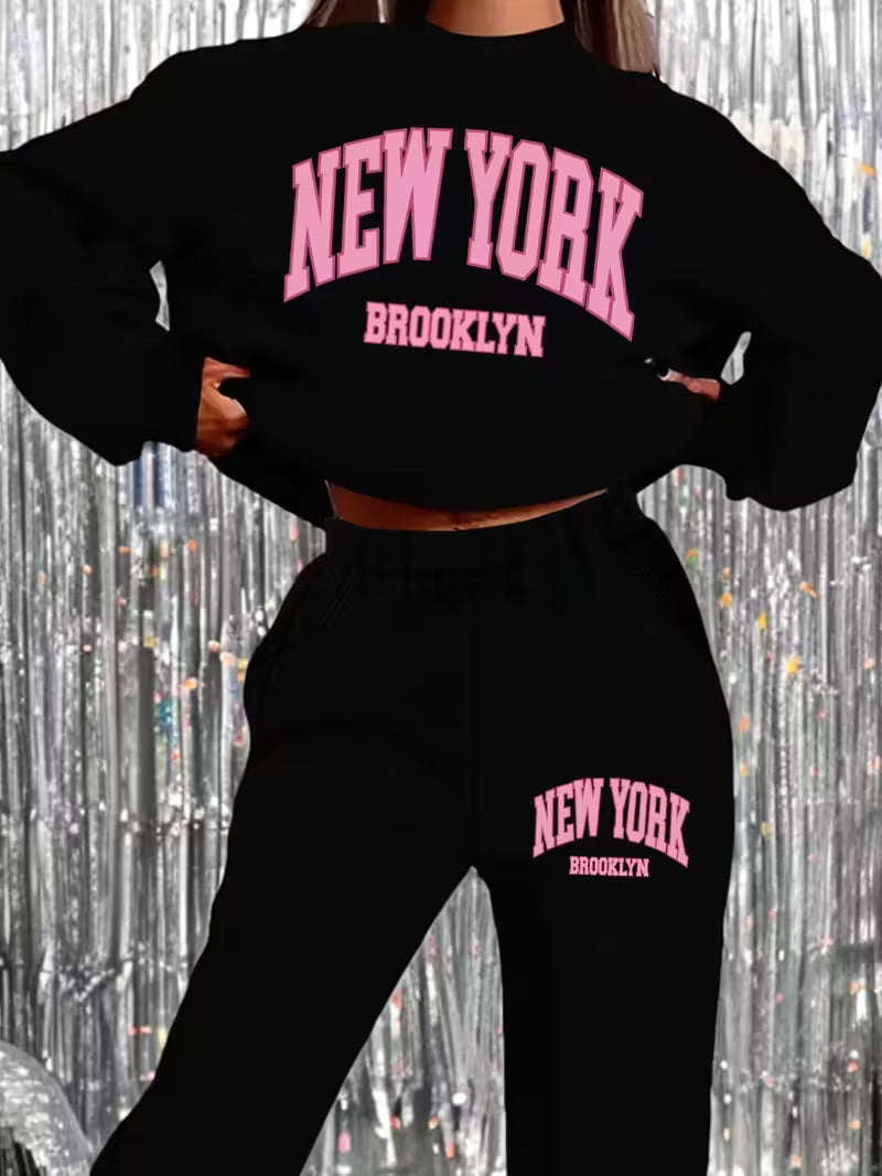 Women's NY Printed Long Sleeve Sweatshirt and Joggers Set