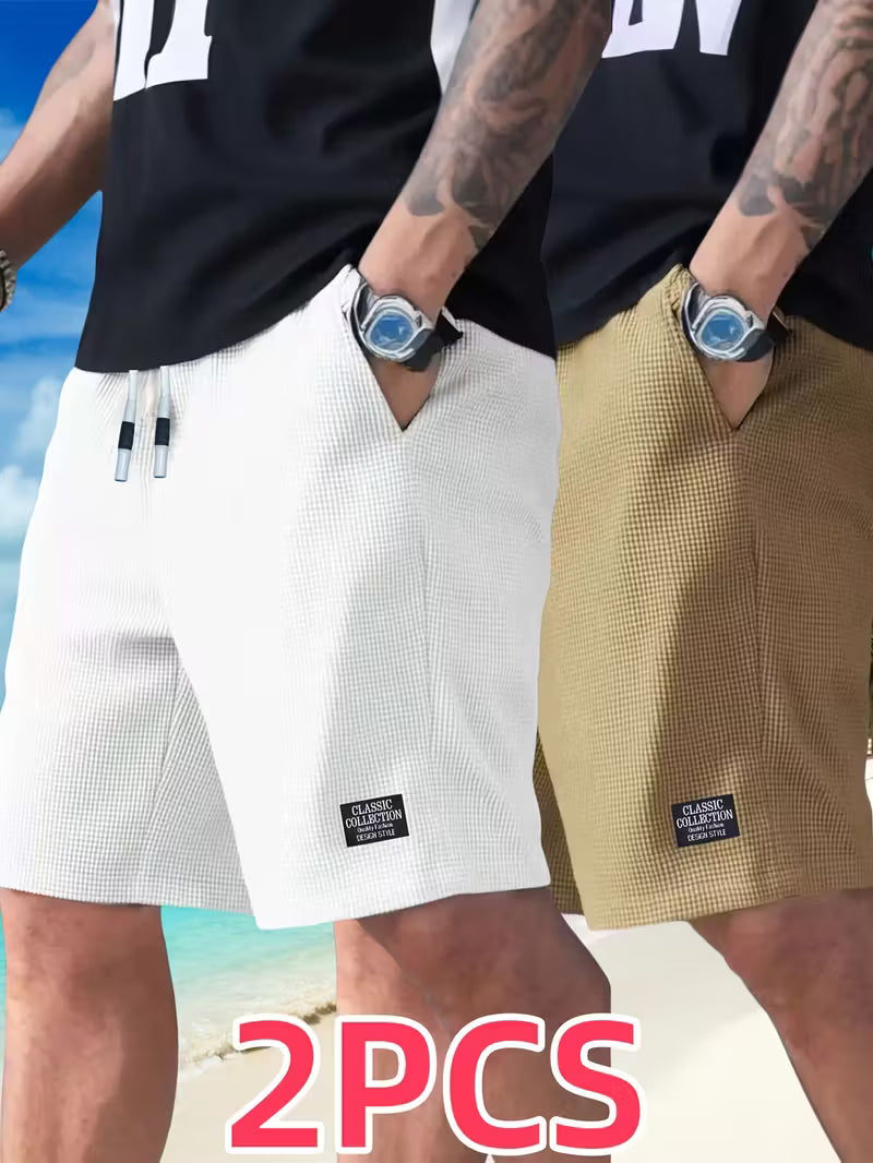 2pcs Men'S Lightweight Polyester Casual Shorts with Drawstring Waist