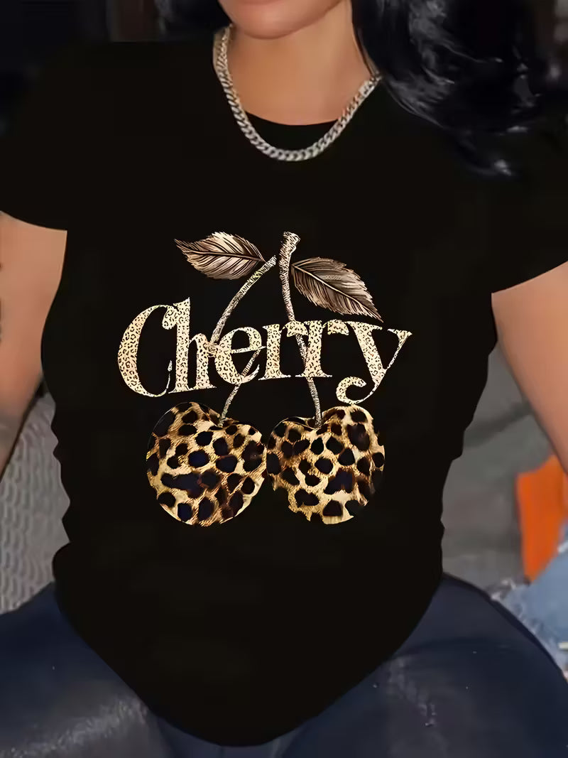Plus Size Leopard Print Cherry Pattern Women's Fashion T-shirt