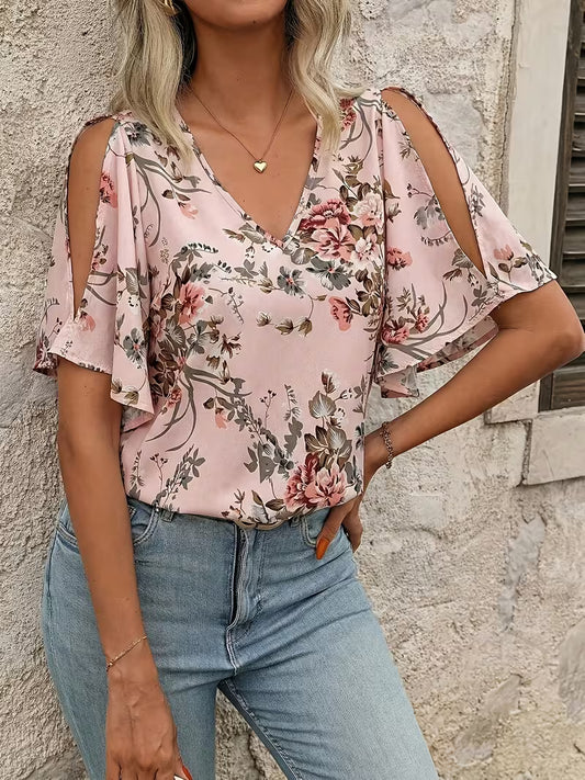 Women'S V-Neck Floral Printed Ruffled Sleeve Slit Hem Top
