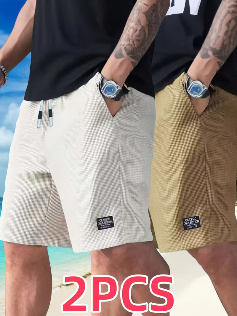 2pcs Men'S Lightweight Polyester Casual Shorts with Drawstring Waist