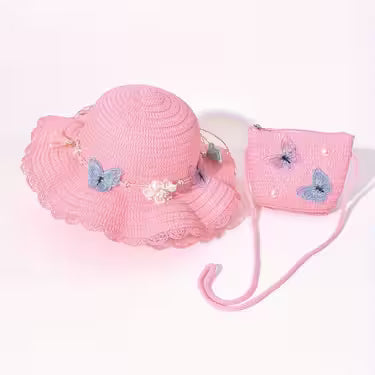 Girls' Butterfly And Floral Straw Hat And Bag