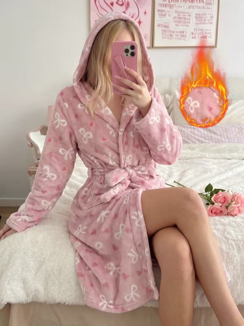 Women'S Winter Flannel Hooded Robe Pink Bow Heart All Over Print Long Bath Robe