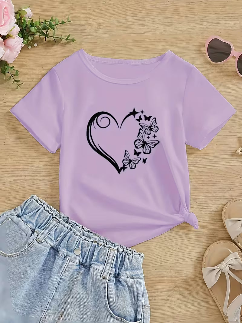 Casual T-Shirt with Heart And Beautiful Butterfly Print