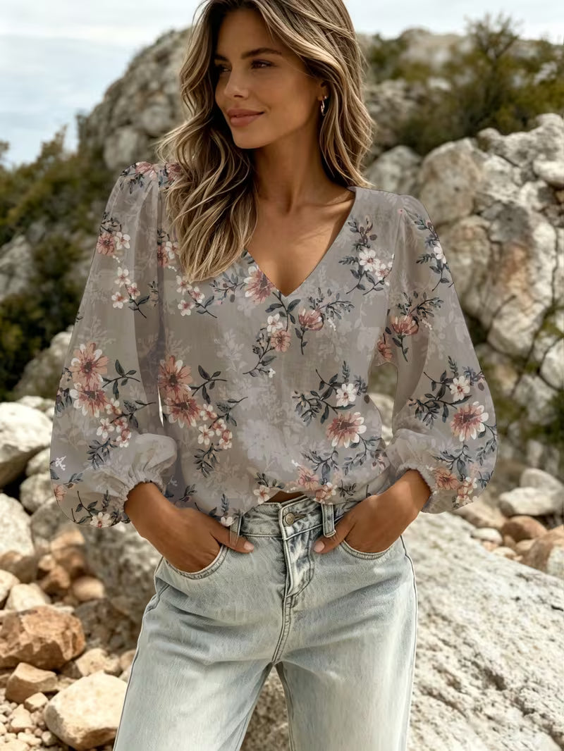 Vintage Floral Womens V Neck Lantern Sleeve Blouse