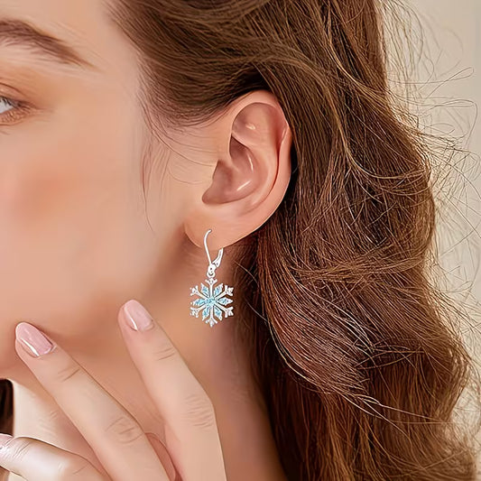 Pair of s925 silver snowflake inlaid synthetic Zirconia design Women's dangling earrings