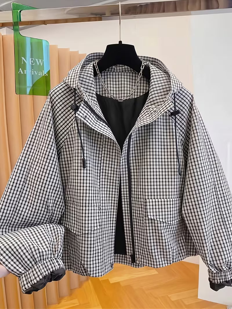 Casual Versatile Commuter Plaid Hooded Cropped Jacket