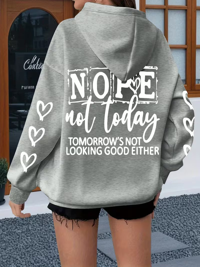 Women's Plus Size Oversized Hoodie with Bold "NOPE Not Today" Letter Print & Heart Design