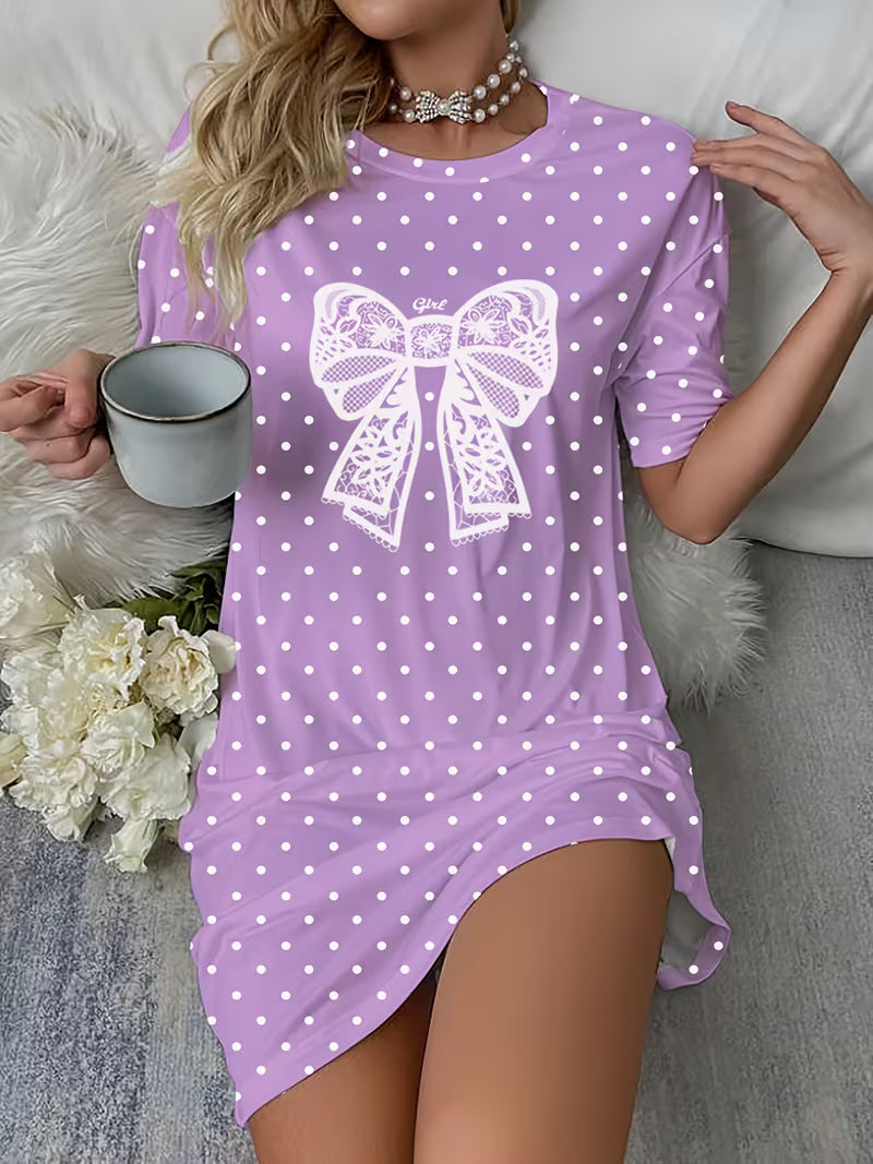 Women's Short Sleeve Round Neck T-Shirt Bow Nightgown