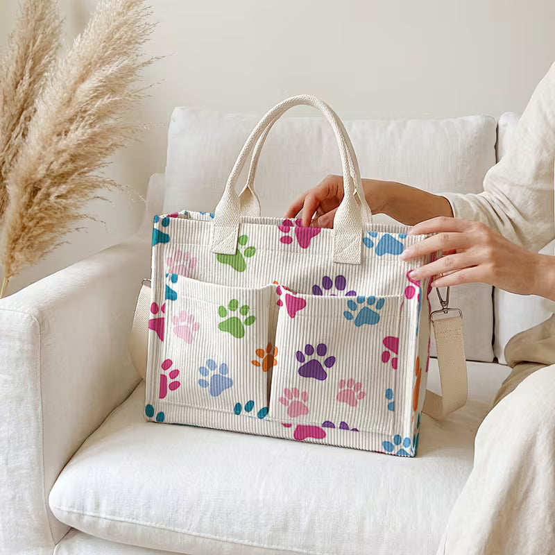 Printed Corduroy Tote Bag with Colorful Paw Print Patterns