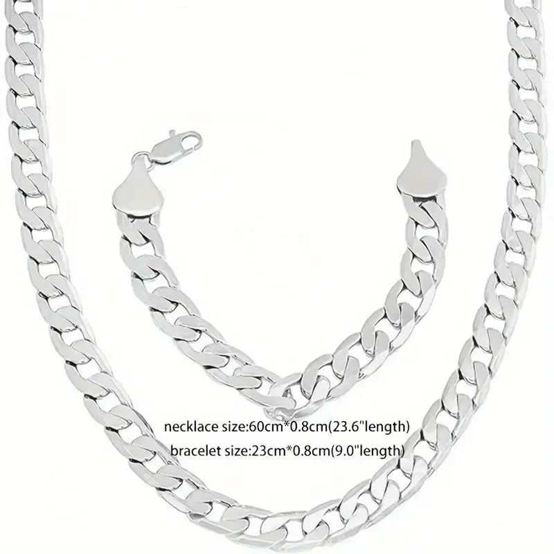 925 Sterling Silver 9mm Cuban Chain Necklace and Bracelet Set
