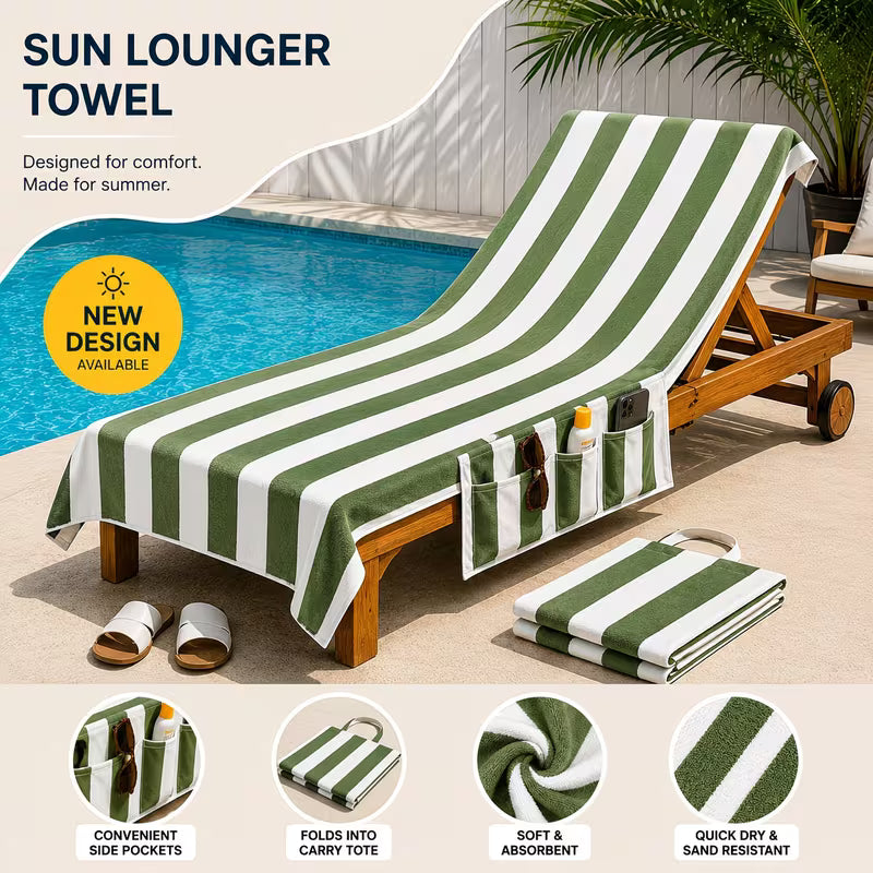 Stylish Sun Lounger Towel with Pockets and Carry Bag