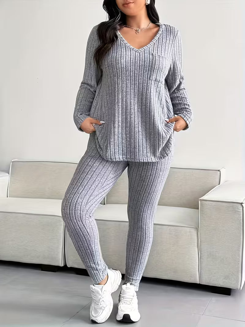 Plus-Size Casual Textured Striped V-Neck Top And Pants Set