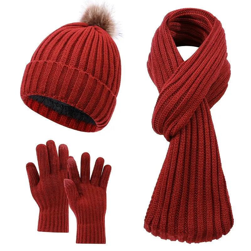 Cozy 3pcs Winter Set - Fleece-Lined Knit Beanie, Scarf & Gloves