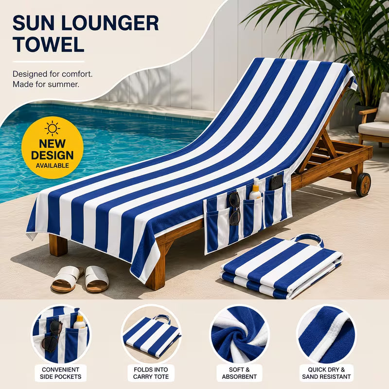 Stylish Sun Lounger Towel with Pockets and Carry Bag