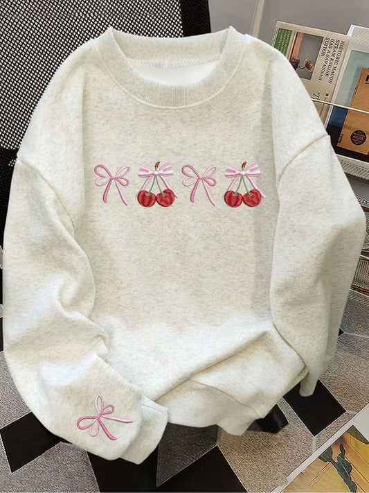 Cute Bowknot Cherry Print Long Sleeve Round Neck Sweatshirt