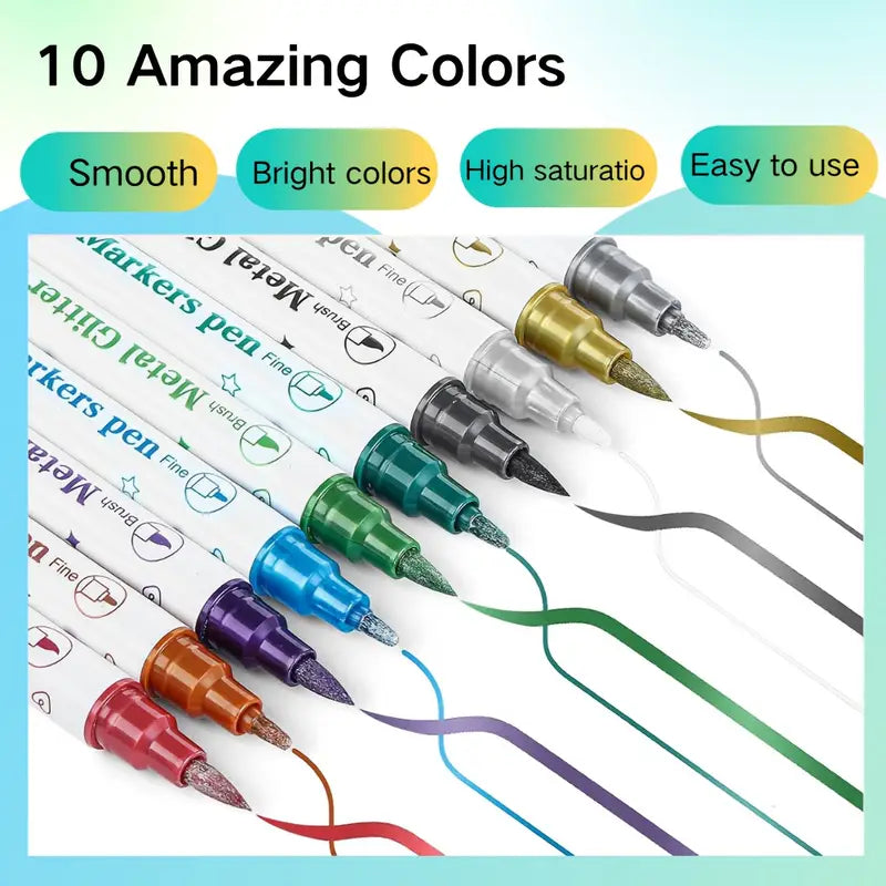 10 Temporary Metallic Dual-Ended Tattoo Pens + Multiple Template Set