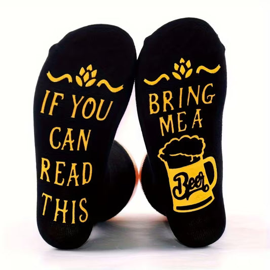 Black And Yellow Mid-Calf Flat Socks That Say 'IF YOU CAN READ THIS, BRING ME A BEER