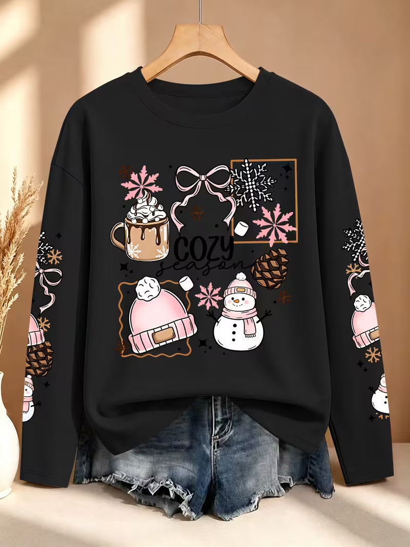 Plus Size Women'S Hot Cocoa Snowflake Snowman Pinecone Multi-Sleeve Printed Long Sleeve Top