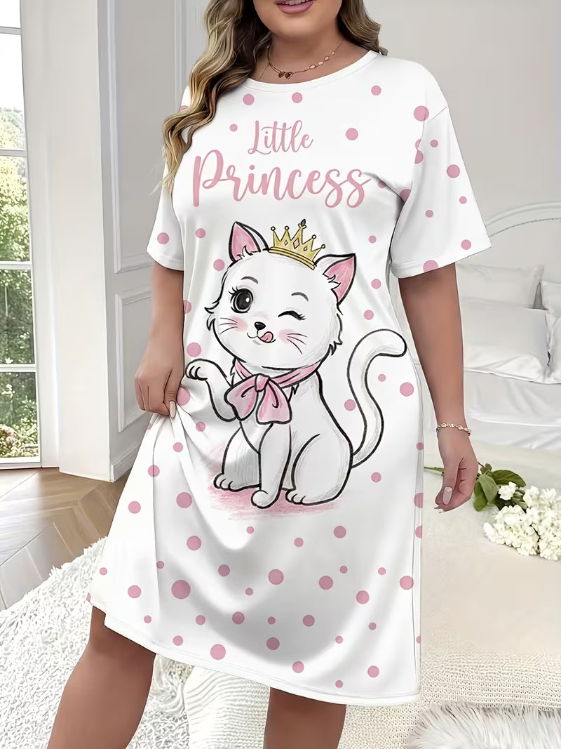 Plus-Size Women's White Pink Polka Dots Sweet Crown Cat Round-Neck Pajamas