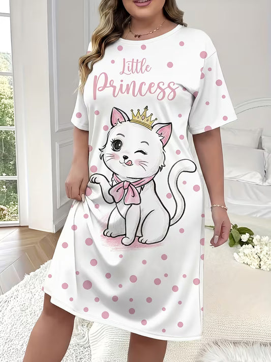 Plus-Size Women's White Pink Polka Dots Sweet Crown Cat Round-Neck Pajamas