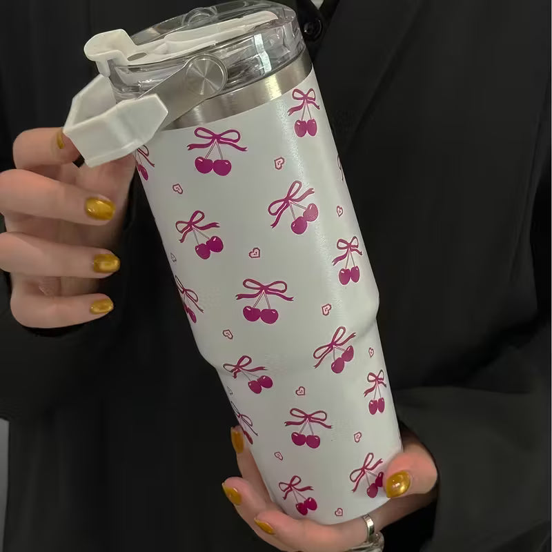 30Oz Cherry Bow Double Wall Stainless Steel Insulated Tumbler