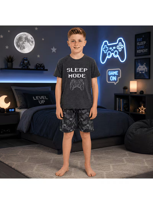 Boys Grey Controller Print Shorts Pyjamas Set