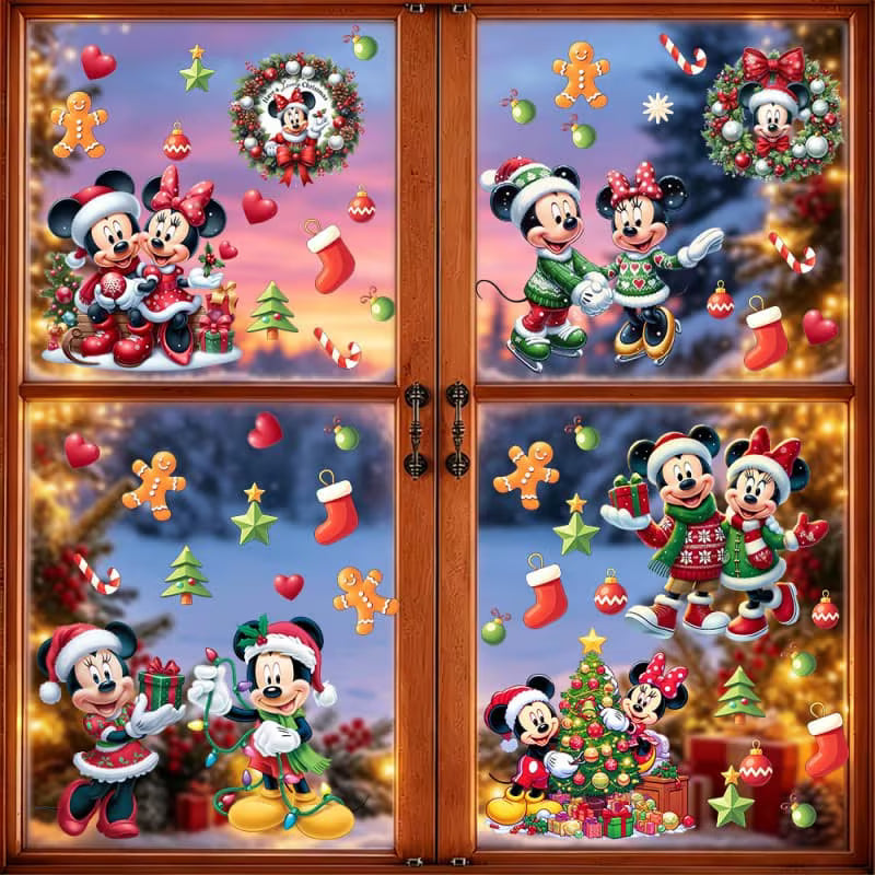 2 PC Mickey And Minnie Christmas Glass Stickers