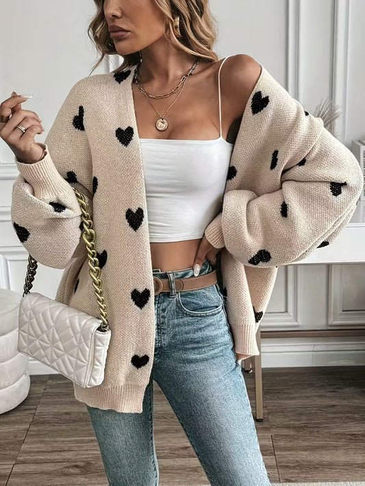 Elegant Women's V-Neck Heart Print Cardigan