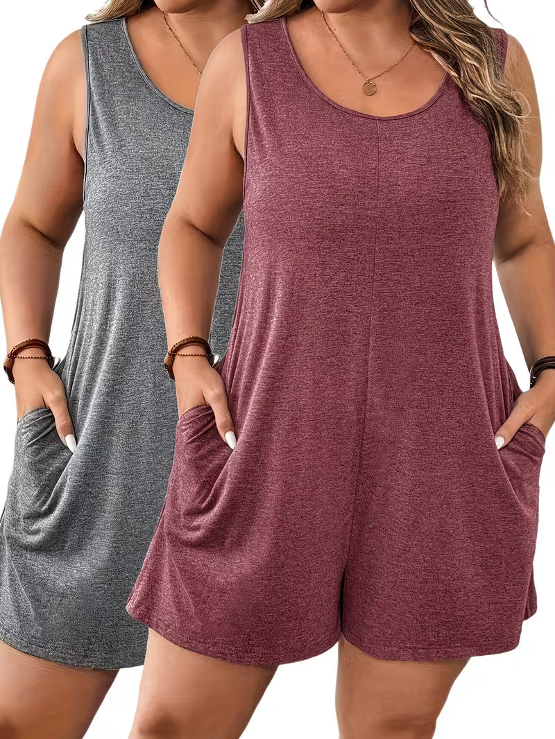 2-Pack Plus Size Women'S Solid Color Easy Sleeveless Jumpsuit