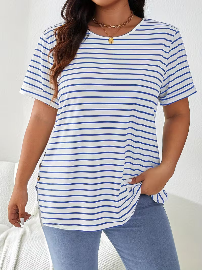Plus Size Women's Two-Tone Striped Casual Short Sleeve Top