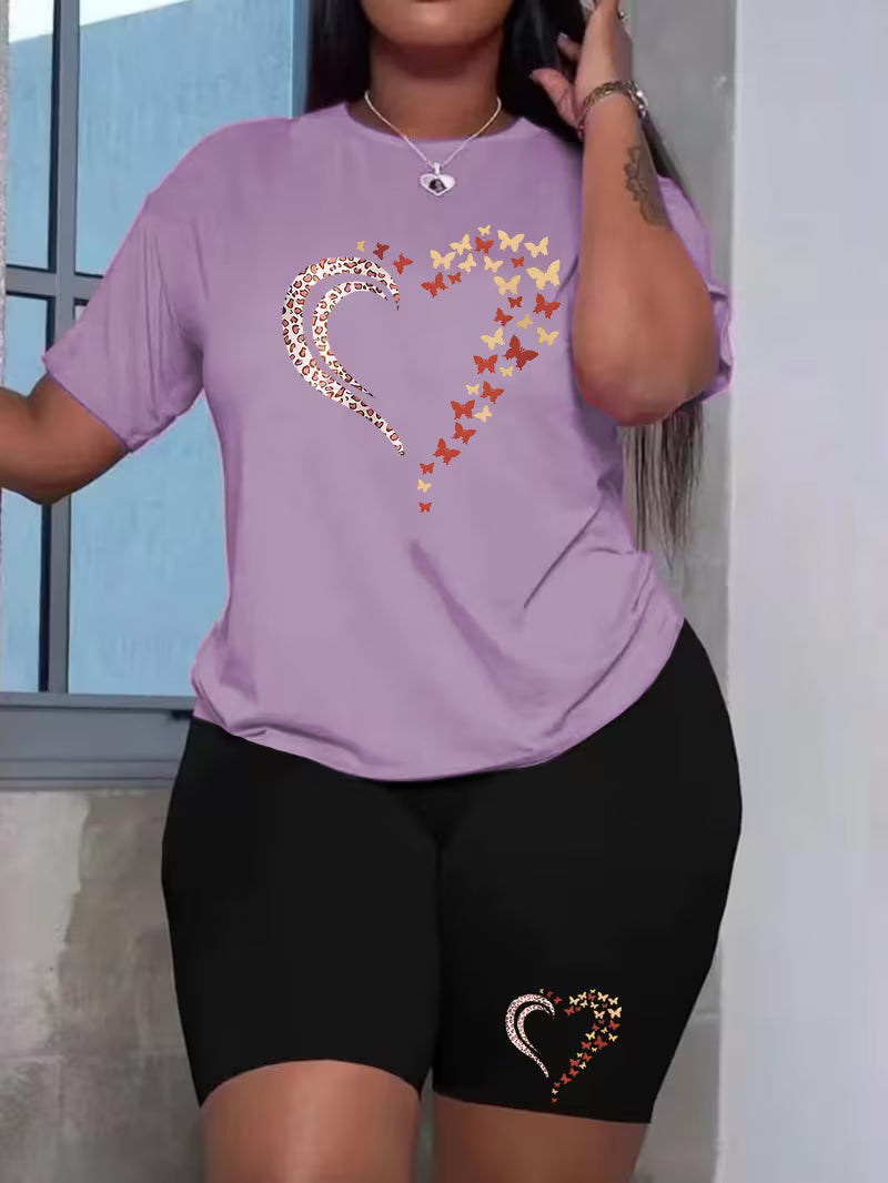 Plus Size ladies summer butterfly fragments love print T-shirt two-piece set